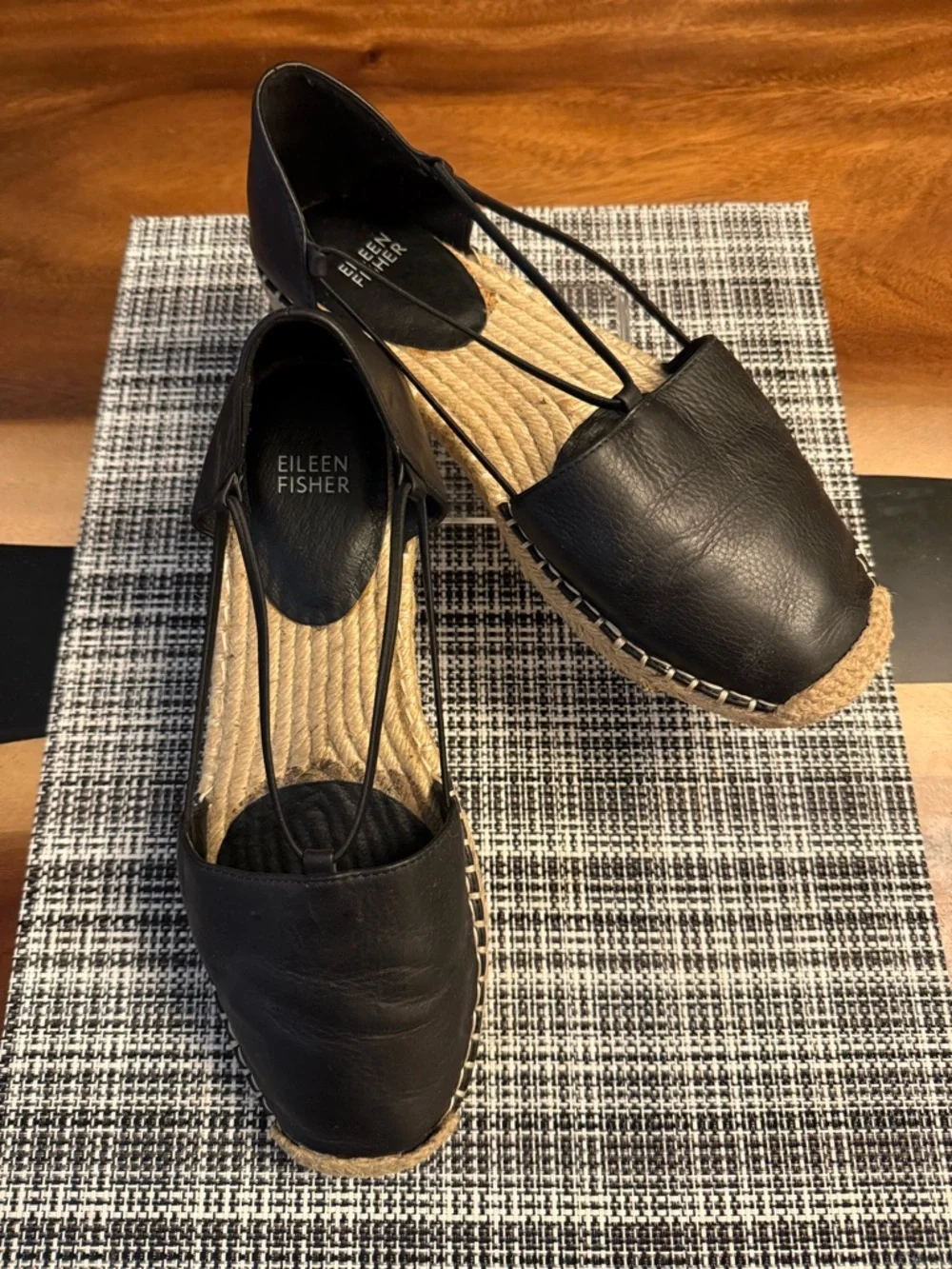 Eileen Fisher Lee Black Leather Espadrille Flats | Size 9 Minimalist Chic